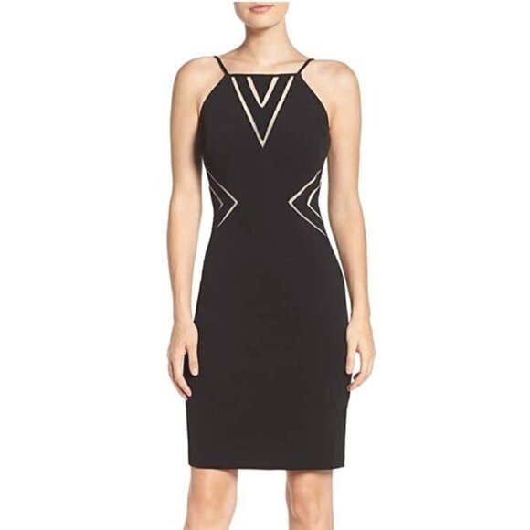 Aidan Mattox Dress 10 NWT Cutaway Crepe Halter Jersey Mesh Sheer Detail Illusion - Picture 1 of 12